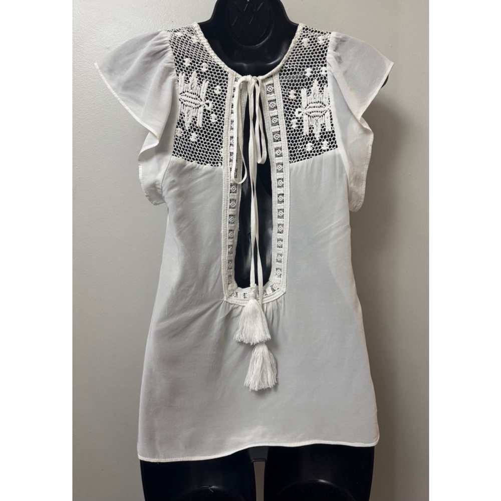 Women's Jen’s Pirate Booty Embroidered Tassel White Blouse Size S - Picture 4 of 8